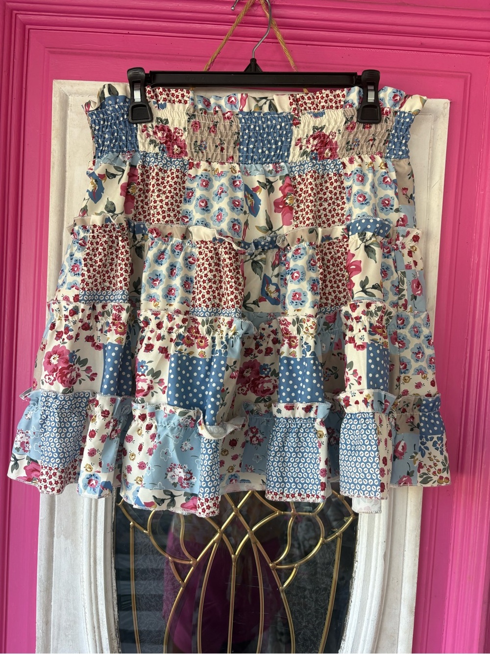 Feminine boho western retro Blue and Cream Floral Patchwork Tiered Midi Skirt